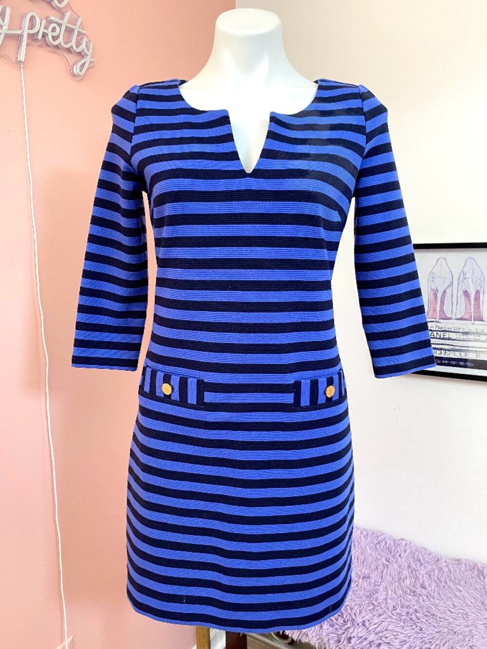 Lilly Pulitzer Charlene Blue and Black Knit Shift Striped Dress - Size Small